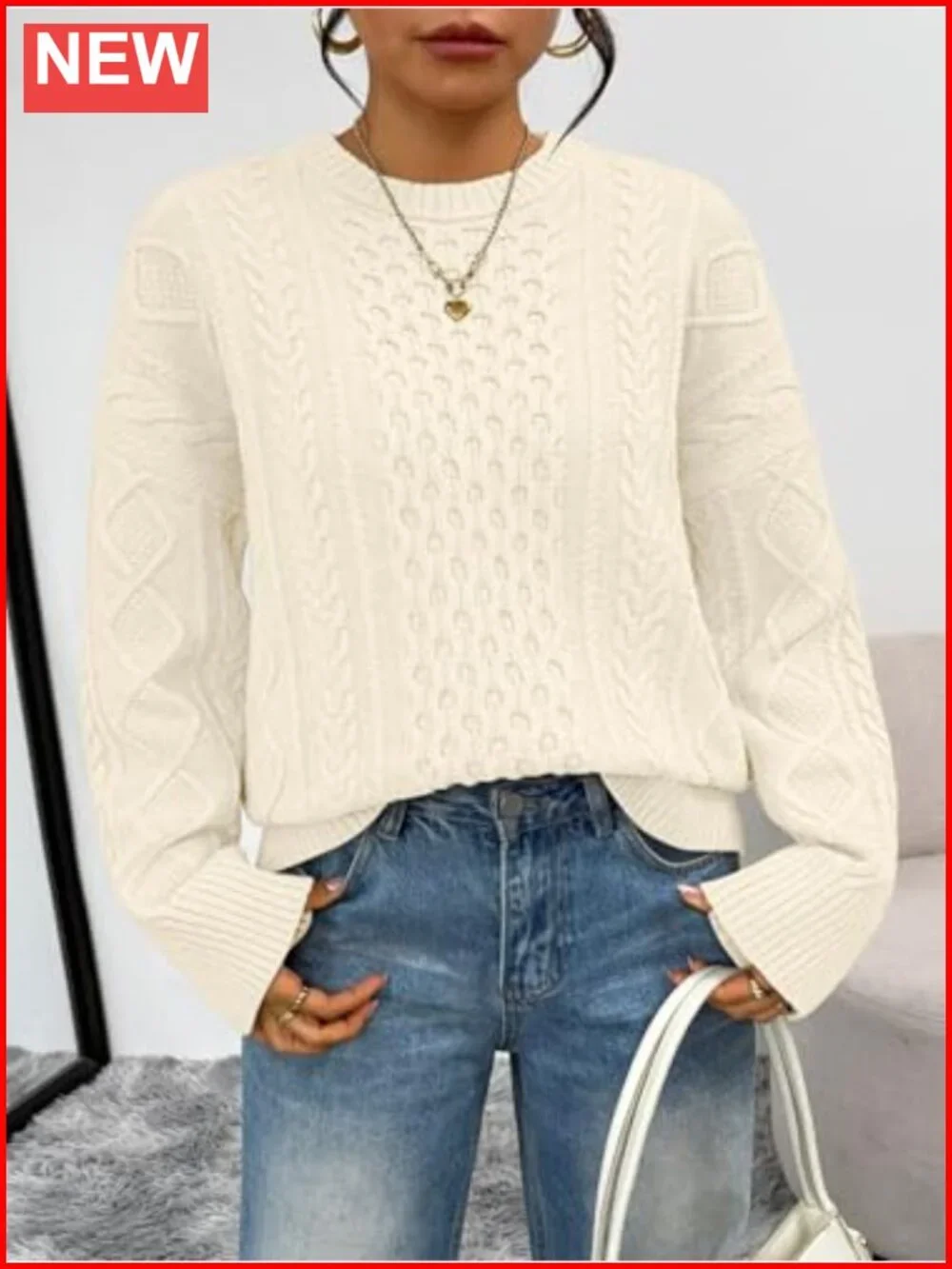 Oversized Cable Knit Crewneck Pullover Sweater Long Sleeve Fall Winter